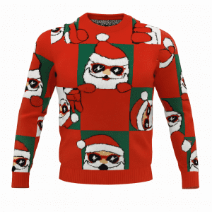 Sueter navideño rojo con santas fondo verde familiar