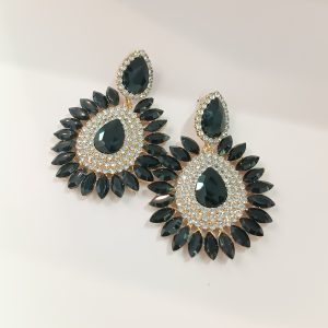 Aretes glam negros de hoja grande con cristales plateados